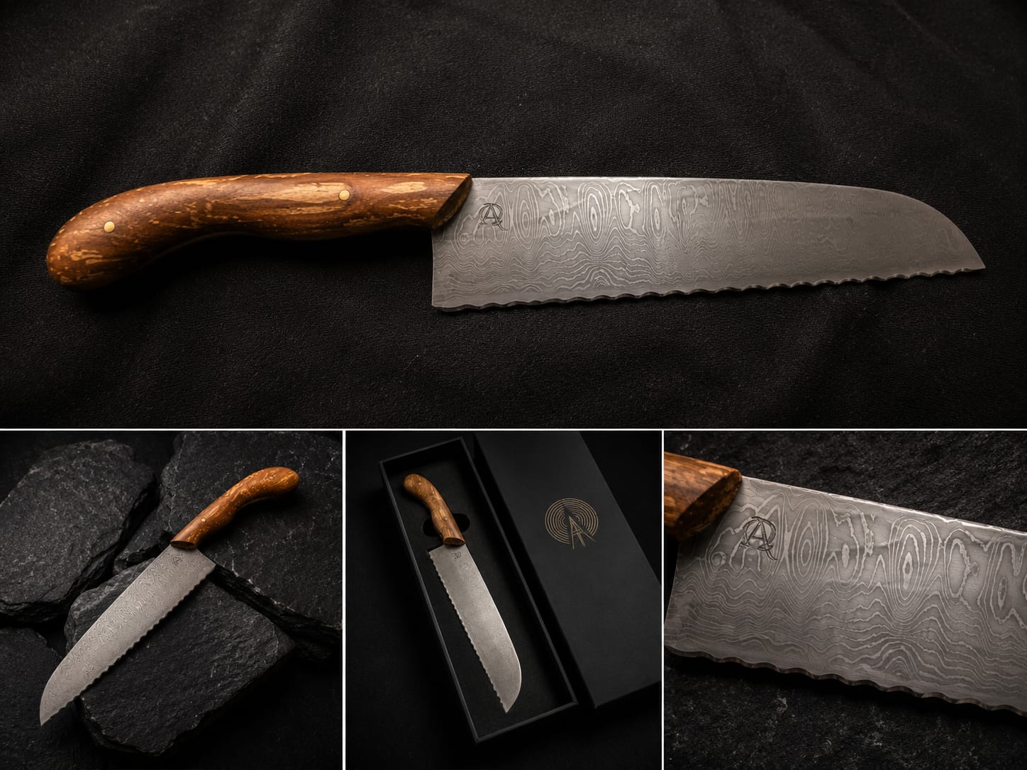Damastmesser mit markant gemasertem Holzgriff aus der Messermanufaktur Ulbrich